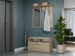 Appendiabiti a parete con specchio 85x82x15 cm rovere chiaro MIT7
