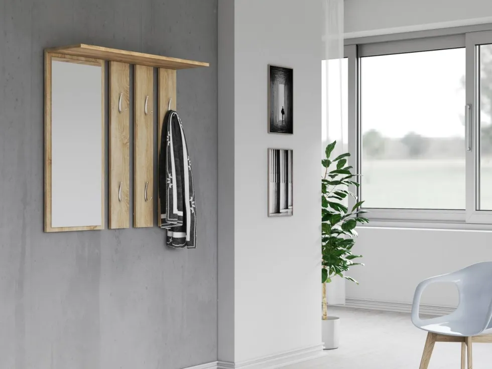 Appendiabiti a parete con specchio 85x82x15 cm rovere chiaro MIT7