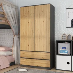 Armadio a 2 ante 90x180 cm con cassetti rovere e antracite AT10