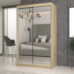 Armadio ad ante scorrevoli 120x200 cm specchiato rovere chiaro AT4
