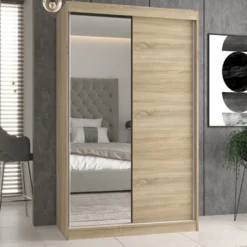 Armadio ad ante scorrevoli 120x200 cm con specchio rovere chiaro AT3