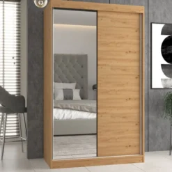Armadio ad ante scorrevoli 120x200 cm con specchio rovere AT3