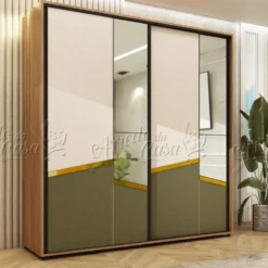 Armadio ad ante scorrevoli 200x210x60 cm noce, beige e verde oliva AU47