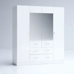 Armadio 4 ante battenti e 2 cassetti 160x181x52 cm bianco lucido AG49