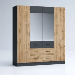 Armadio 4 ante battenti e 2 cassetti 160x181x52 cm rovere e antracite AG49