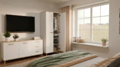 Armadio 2 ante battenti 80x195 cm con ripiani bianco e rovere AT24
