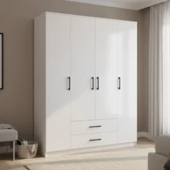 Armadio 4 ante 160x205 cm cassetti bianco opaco AT14