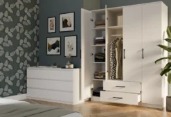 Armadio 4 ante 160x205 cm cassetti bianco opaco AT14