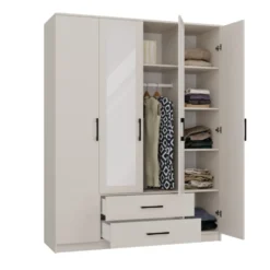 Armadio 4 ante 160x205 cm con specchio e cassetti beige cashmere AT15