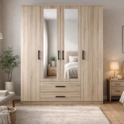 Armadio 4 ante 160x205 cm con specchio e cassetti rovere chiaro AT15