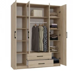 Armadio 4 ante 160x205 cm con specchio e cassetti rovere chiaro AT15