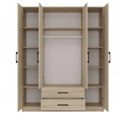 Armadio 4 ante 160x205 cm con specchio e cassetti rovere chiaro AT15