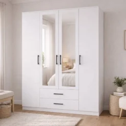 Armadio 4 ante 160x205 cm con specchio e cassetti bianco opaco AT15