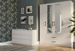 Armadio 4 ante 160x205 cm con specchio e cassetti bianco opaco AT15