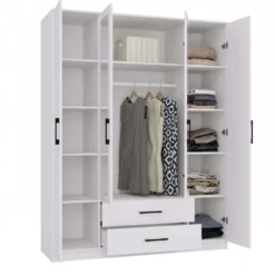 Armadio 4 ante 160x205 cm con specchio e cassetti bianco opaco AT15