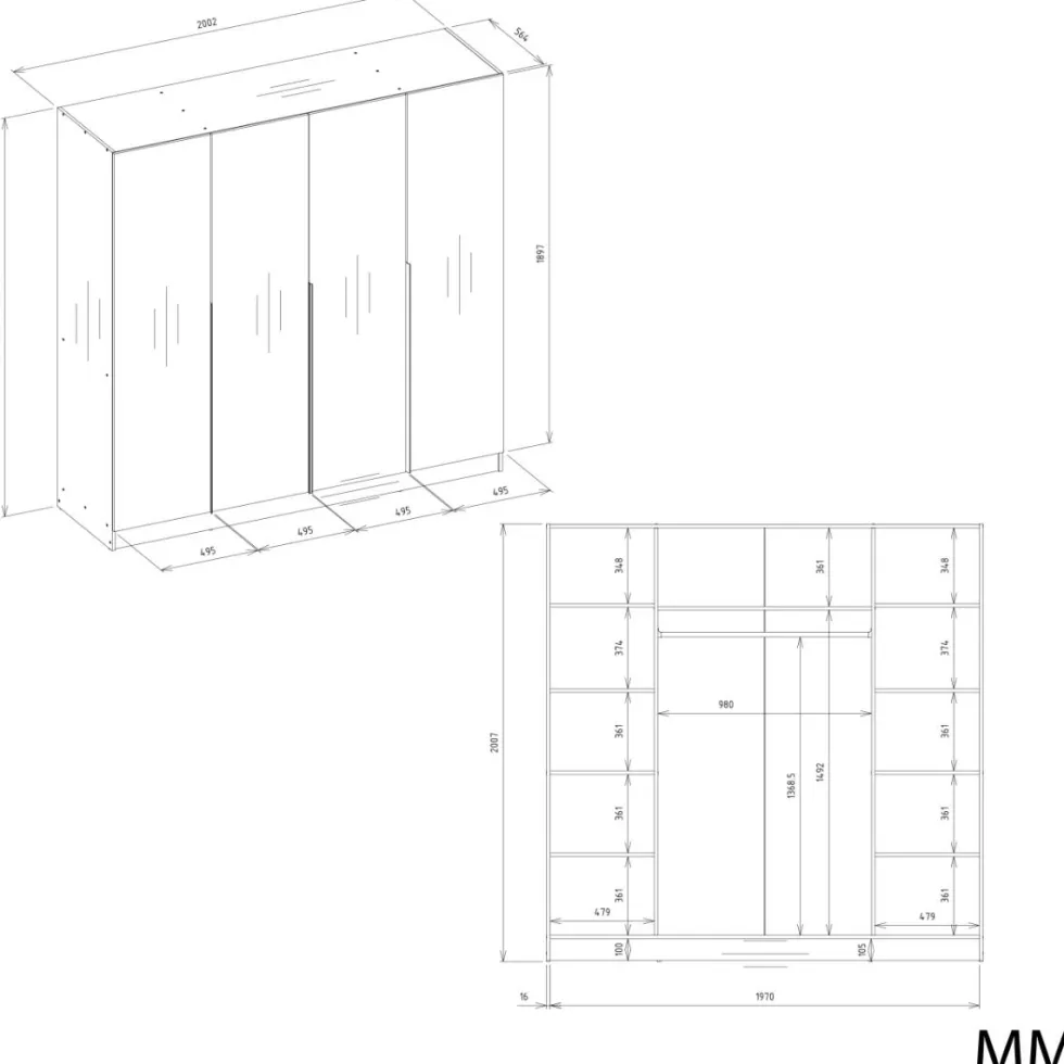 Armadio 4 ante 200x200 cm design elegante bianco opaco AT18