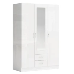 Armadio a tre ante battenti e cassetti con specchio bianco lucido 120x181 AG52