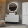 Armadio bagno moderno 60x174 cm con cesto portabiancheria bianco lucido ABT1