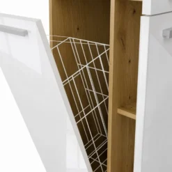 Armadio bagno moderno 60x174 cm con cesto portabiancheria bianco lucido e rovere ABT1