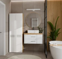 Armadio bagno moderno 60x174 cm con cesto portabiancheria bianco lucido e rovere ABT1