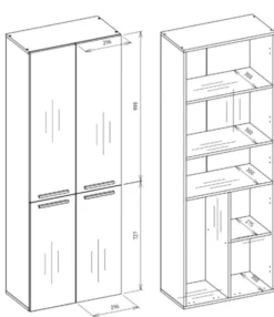 Armadio bagno moderno 60x174 cm con cesto portabiancheria bianco lucido e rovere ABT1