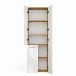 Armadio bagno moderno 60x174 cm con cesto portabiancheria bianco lucido e rovere ABT1