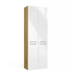Armadio bagno moderno 60x174 cm con cesto portabiancheria bianco lucido e rovere ABT1