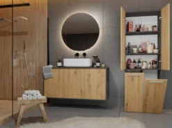 Armadio bagno moderno 60x174 cm con cesto portabiancheria rovere e antracite ABT1