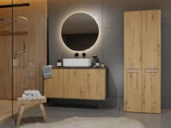 Armadio bagno moderno 60x174 cm con cesto portabiancheria rovere e antracite ABT1