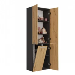 Armadio bagno moderno 60x174 cm con cesto portabiancheria rovere e antracite ABT1