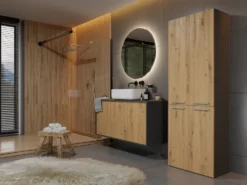 Armadio bagno moderno 60x174 cm con cesto portabiancheria rovere e antracite ABT1