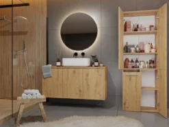 Armadio bagno moderno 60x174 cm con cesto portabiancheria rovere ABT1