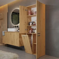 Armadio bagno moderno 60x174 cm con cesto portabiancheria rovere ABT1