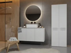 Armadio bagno moderno 60x174 cm con cesto portabiancheria bianco opaco ABT1