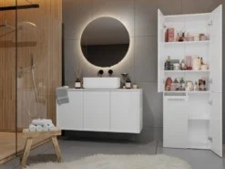 Armadio bagno moderno 60x174 cm con cesto portabiancheria bianco opaco ABT1