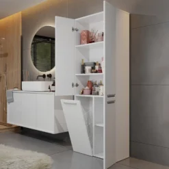Armadio bagno moderno 60x174 cm con cesto portabiancheria bianco opaco ABT1