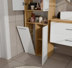 Armadio bagno moderno 60x174 cm con cesto portabiancheria bianco e rovere ABT1