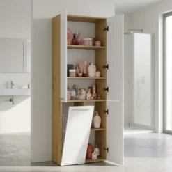 Armadio bagno moderno 60x174 cm con cesto portabiancheria bianco e rovere ABT1