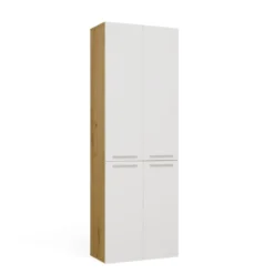 Armadio bagno moderno 60x174 cm con cesto portabiancheria bianco e rovere ABT1