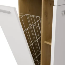 Armadio bagno moderno 60x174 cm con cesto portabiancheria bianco e rovere ABT1