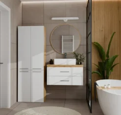 Armadio bagno moderno 60x174 cm con cesto portabiancheria bianco e rovere ABT1