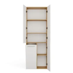 Armadio bagno moderno 60x174 cm con cesto portabiancheria bianco e rovere ABT1