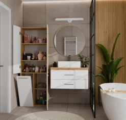 Armadio bagno moderno 60x174 cm con cesto portabiancheria bianco e rovere ABT1