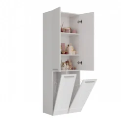 Armadio bagno salvaspazio 60x174 cm con 2 cesti portabiancheria bianco lucido ABT3
