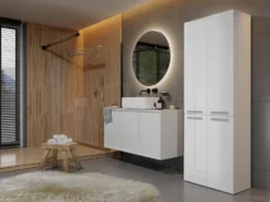 Armadio bagno salvaspazio 60x174 cm con 2 cesti portabiancheria bianco lucido ABT3