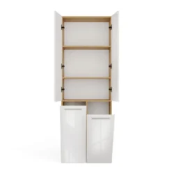 Armadio bagno salvaspazio 60x174 cm con 2 cesti portabiancheria bianco lucido e rovere ABT3