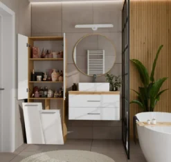 Armadio bagno salvaspazio 60x174 cm con 2 cesti portabiancheria bianco lucido e rovere ABT3