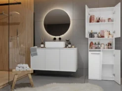 Armadio bagno salvaspazio 60x174 cm con cesto portabiancheria bianco lucido ABT2