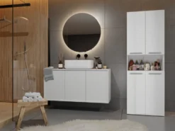 Armadio bagno salvaspazio 60x174 cm con cesto portabiancheria bianco lucido ABT2