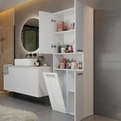 Armadio bagno salvaspazio 60x174 cm con cesto portabiancheria bianco lucido ABT2